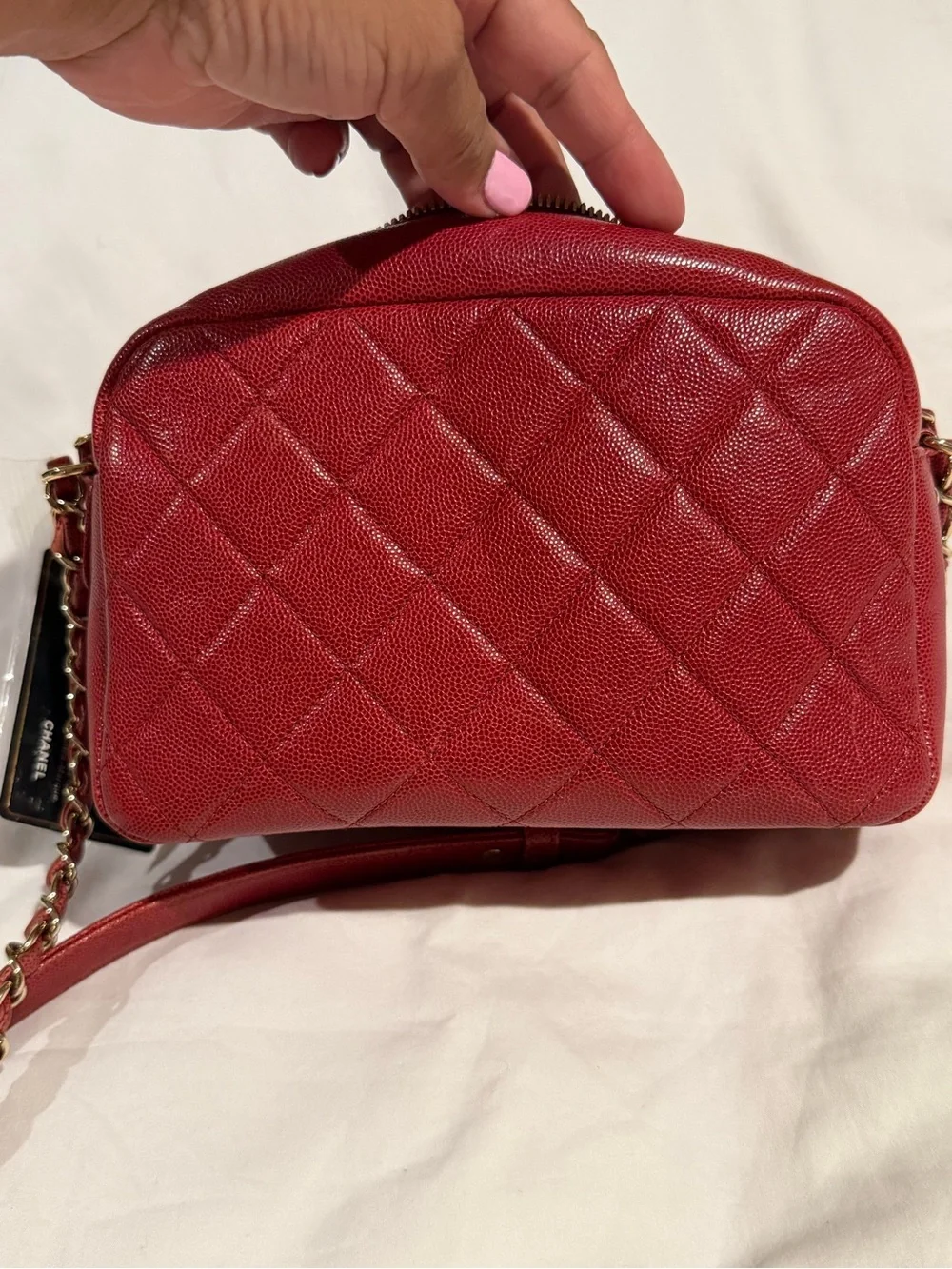 CHANEL Red Quilted Leather Camera Crossbody with Gold Hardware